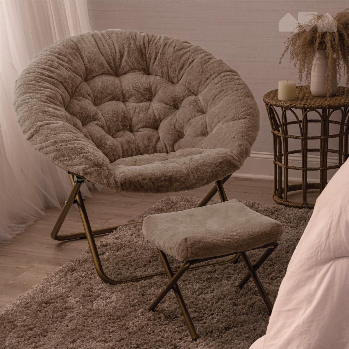 Milliard Cozy Chair with Footrest Ottoman/Faux Fur Saucer Chair for Bedroom/X-Large (Beige)