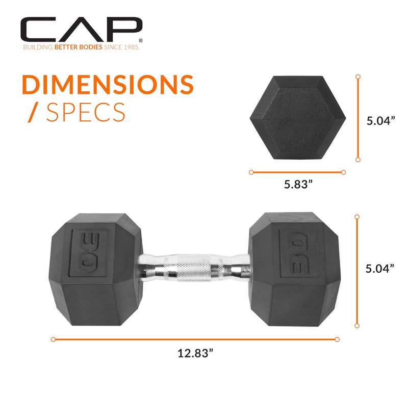 CAP 30 LB Rubber Coated Hex Dumbbell Weight, Rubber Free Weights for Home Gym Strength Training, Chrome Handle, Pair