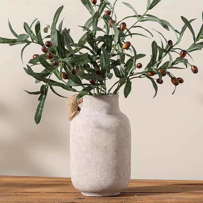 Ceramic Flower Vase Home Decor - 10.6 inch Tall Large White Rustic Table Flowers Vases with Handle Living Room Bedroom Plant Decoration Farmhouse Vintage for Kitchen Shelf Office Coffee Dining Desk