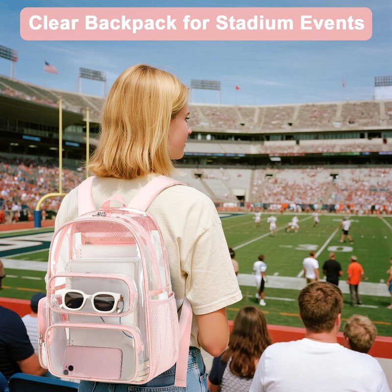 BTOOP Clear Backpack Heavy Duty Transparent Backpack 17" See Through Bookbag for College Work Festival Security Padded Strap (Pink)