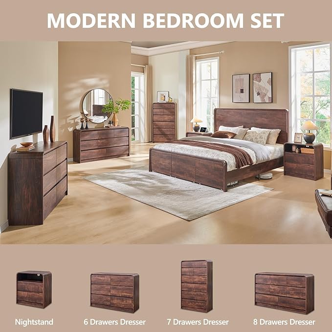 Modern 7 Drawers Dresser for Bedroom, 47" Wide Wood Dressers & Chests of Drawers w/Curved Profile Design, Mid Century Modern Dresser w/Natural Texture for Bedroom, Living Room, Brown