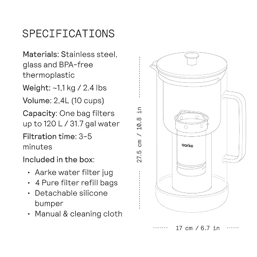 Aarke Purifier Regular 1.18L Glass Pitcher Bundle w/Steel Filter, 4 Pure Refill