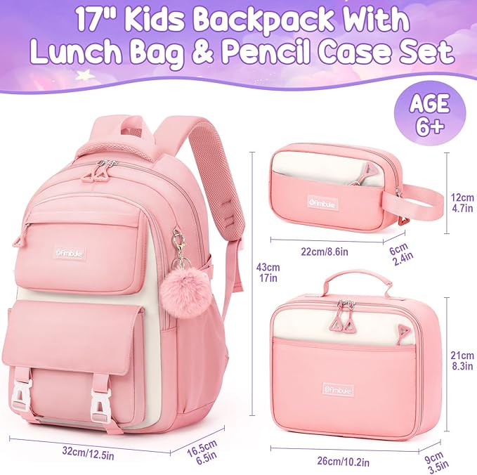 Fimibuke Backpacks for Girls, 3 PCS Waterproof School Backpack with Lunch Box & Pencil Pouch for Kids Teen Girl, Cute Bookbag School Bag for Elementary Middle High School Student Ages 6+(Pink)