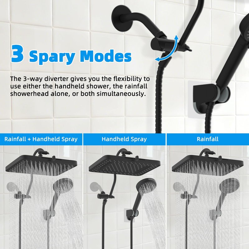 Hibbent cUPC Certified High Pressure 13'' Dual Shower Head Combo with 10-mode Handheld Spray, Rainfall 5-spray Shower Head, 12'' Adjustable Extension Arm, 71'' Hose, Showerhead Holder, Matte Black