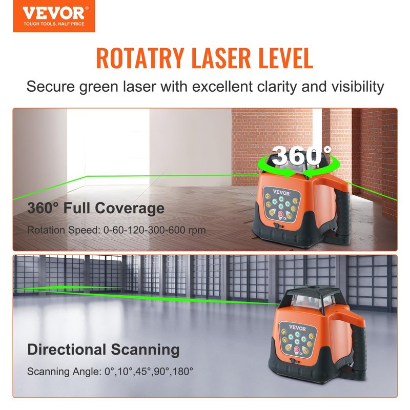 VEVOR Rotary Laser Level 2000ft,360 Degree Self Leveling Green Cross Line Laser,5 Rotation Speeds&4 Scanning Angles Adjustment,IP66 Waterproof Remote Control Manual Self-leveling Mode,Battery Included
