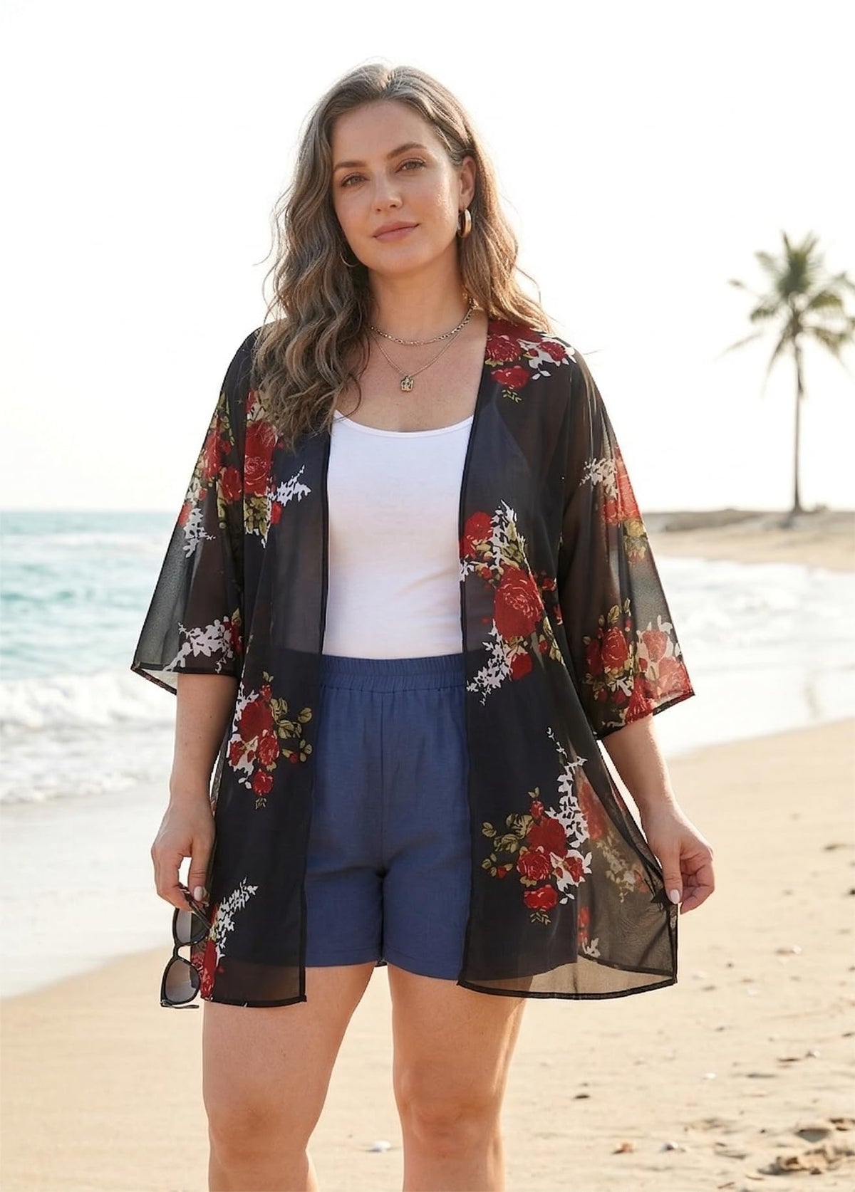 Womens Flowy Kimono Cardigans Leaf Patterns Swimsuit Coverup Beachwear Summer tops（MapleBlack,3XL