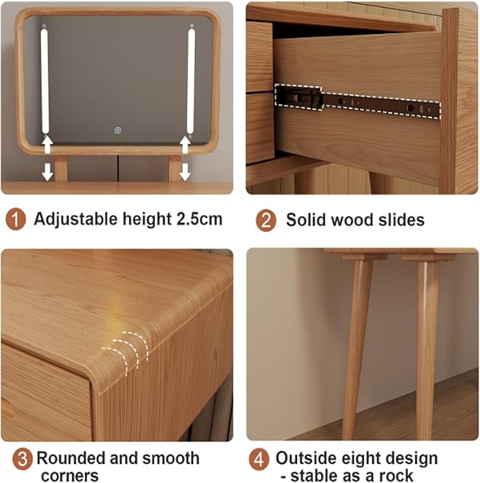 Soild Wood Vanity Table 40 IN with Light Mirror High Adjustable, Make Up Desk Large Dressing Table 3 Lighting Modes, Makeup Vanity 3 Drawer Dresser Vanity Table Wooden for Checkroom Apartment Bedroom