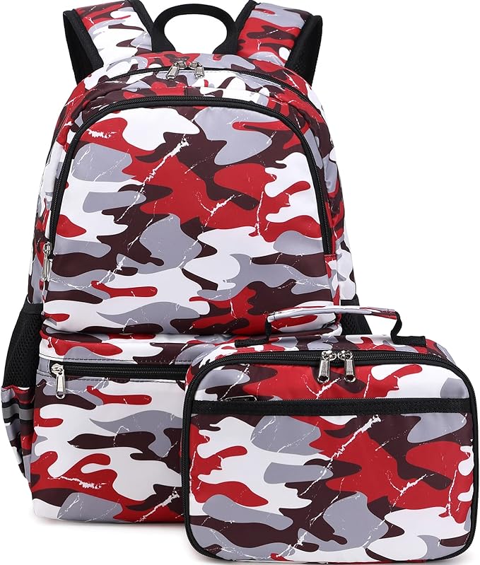 DSIUE Backpacks for Boys School Bags for Kids Elementary Bookbag and Lunch Box Set Camo Red