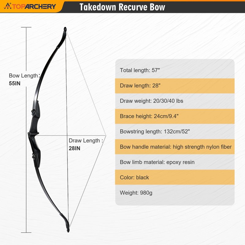TOPARCHERY Archery 57" Takedown Youth Recurve Bow Hunting Black Long Bow for Beginner Teenagers Right Left Hand Black - Draw Weight 30lbs 40lbs (40)