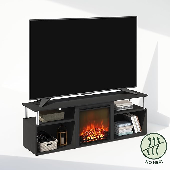 Furinno Jensen Fireplace TV Stand, NO Heat Decorative Electric Fireplace TV Stand for TV up to 70 Inch, with Open Storage, for Living Room, Americano/Stainless Steel