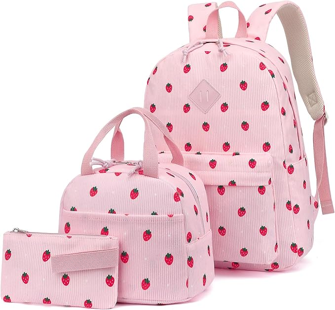 Corduroy Girls Backpack Set, 3PCS School Backpacks for Kids Elementary Middle School Bags with Lunch Box Pencil Case (Pink Corduroy Strawberry)