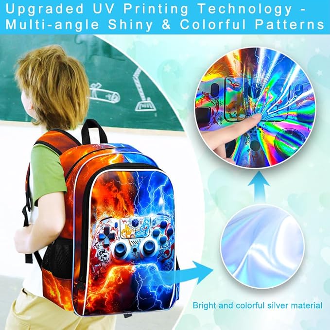 gxtvo 3PCS Kids Game Bookbag, 17" Boys Backpack with Lunch Box, Water Resistant Middle Elementary School Bag - Fire & Lightning Game