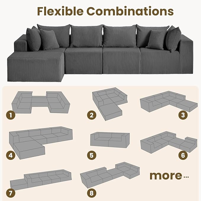 Oversize 131” Boneless Couch for Living Room, Comfort L Shaped Cloud Couch Sectional, Extra Deep Seats Corduroy Modular Sectional Sofa No Assembly,Grey