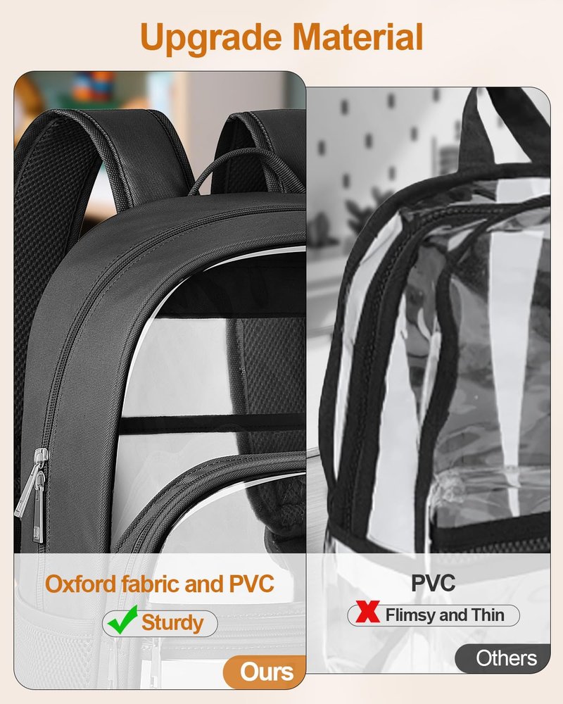 KIMNERPU Clear Backpack, Heavy Duty Transparent Bookbag for School, Fabric & PVC Transparent Backpack with Reinforced Strap for Women Men, Capacity Clear Bag for College, Travel, Security, Black