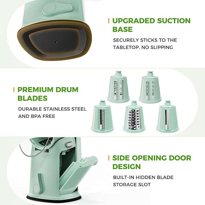 YSEPOZ 7 IN 1 Upgraded Rotary Cheese Grater with Handle – Vegetable Shredder with Built-in Storage Blade Slot, 5 Versatile Blades, Strong Suction Base Round Mandoline Slicer, Food Chopper for Kitchen