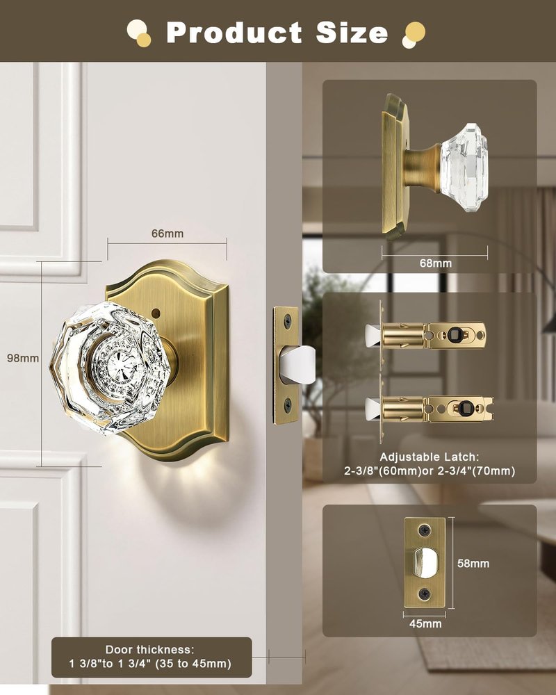 Gobrico Transparent Glass Door Knobset Interior,Privacy Diamond Crystal Door Lockset in Antique Brass,Keyless for Interior Bath/Bed,Push Pin Button Inside Lock?1 Pack