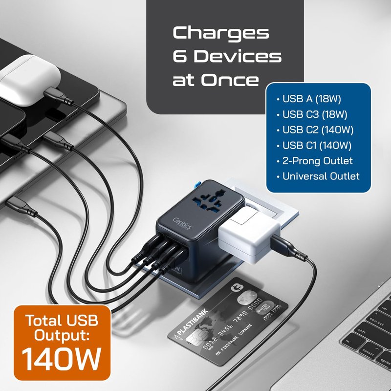 Ceptics 6 in 1 International Power Adapter with PD 140W USB-C, 1x USB-A, 3X Type C, Universal Input and 1x USA/JP Input with Type A, C, G, I Plug outlets for Global Travel – CE & RoHS Certified