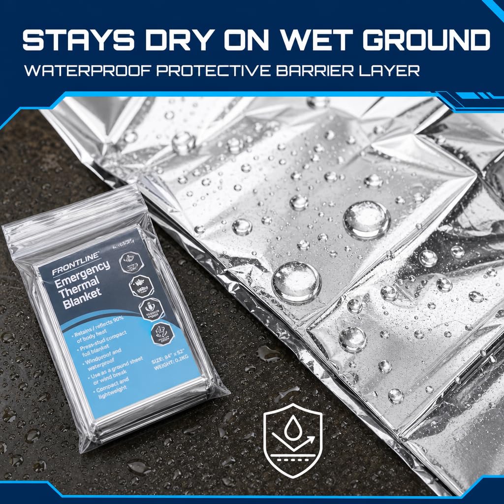 FRONTLINE Mylar Emergency Blankets 54" x 84" | Lightweight Thermal Survival Space Blanket, Waterproof & Windproof Foil Blanket for Camping, Hiking, First Aid & Disaster Preparedness (4)