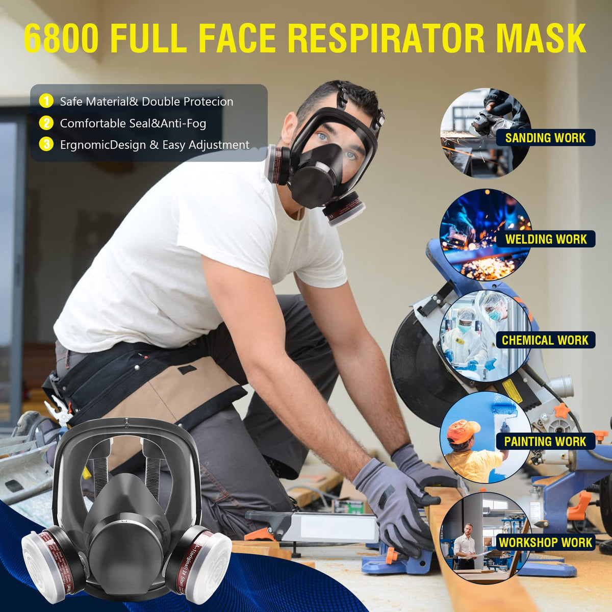 Full Face Respirator Mask - Reusable Large Face Gas Mask Professional Breathing Protection Against Dust/Organic Vapor/Formaldehyde/Chemical Perfect for Airbrush, Car Spraying, Sanding, Paint Work