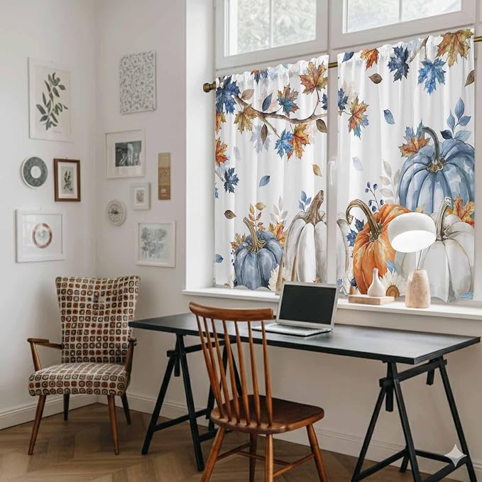 Navy Blue Pumpkin Fall Kitchen Curtains 45 Inch Long 2 Panel Set, Rod Pocket