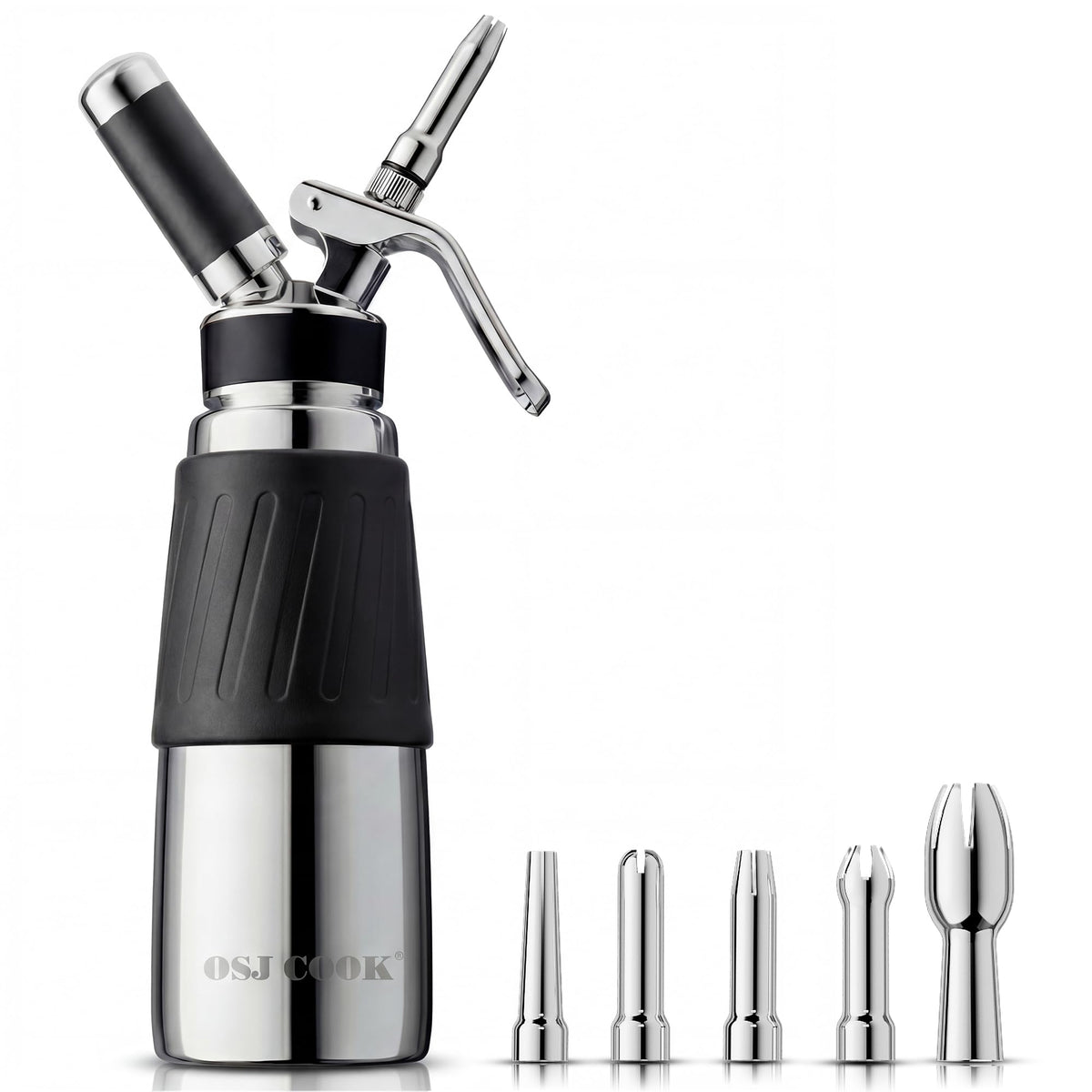 OSJCOOK Whipped Cream Dispenser Stainless Steel Cream Whipper Mirror Finish,500 mL/1 Pint Professional Cream Maker,5 Various Stainless Decorating Nozzles,1 Cleaning Brush,N2O Chargers NOT included