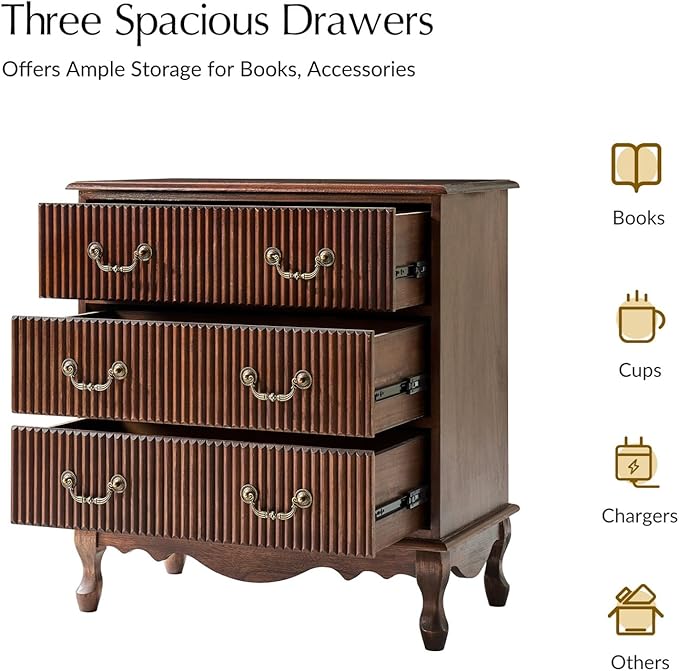HULALA HOME Transitional Side Table with 3 Drawers and Charging Station, 28" Solid Paulownia Wood Sidetable with Vertical Stripe, Walnut