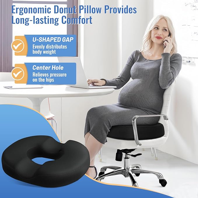 CloudBliss Donut Pillow Seat Cushion for Tailbone Pain Relief and Hemorrhoids, Memory Foam Chair Cushion, Seat Cushions for Men and Women for Home & Office, (Black-XL)