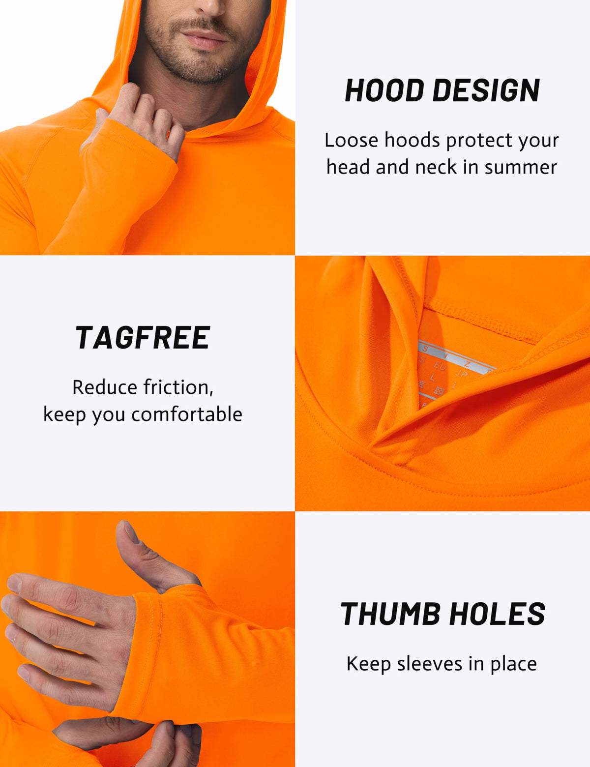 TACVASEN Long Sleeve Shirts for Men Lightweight Hoodie Men Dry Fit Active Hooded Shirts Sun Protection Hoodies SPF Tee Orange L