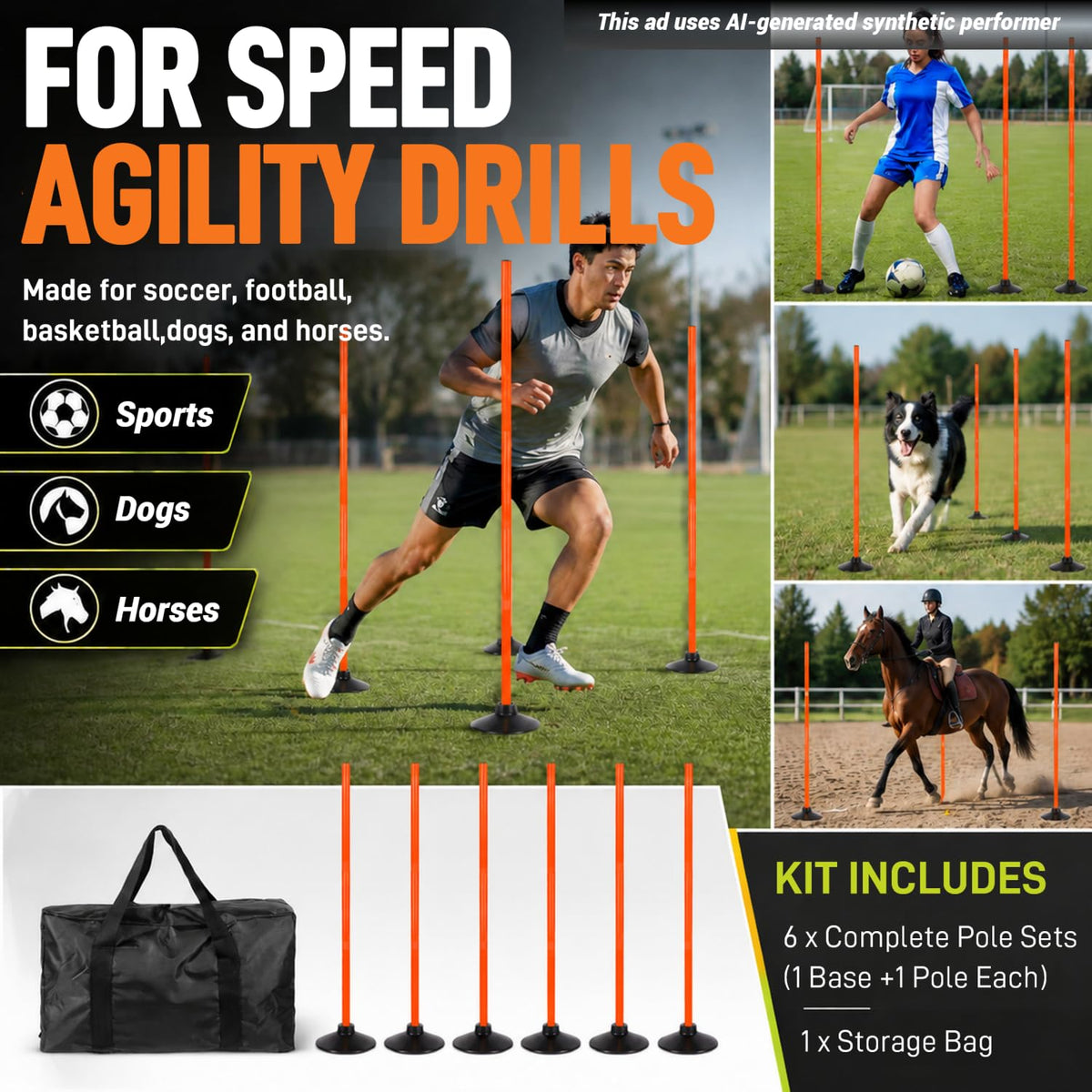 6 Pcs 5FT Adjustable Agility Training Poles, Rubber Bases and Bag