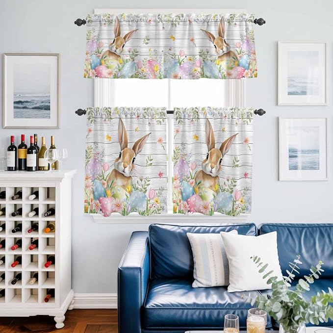 Kitchen Curtains Tiers and Valance Set of 3, Easter Light Filtering Window