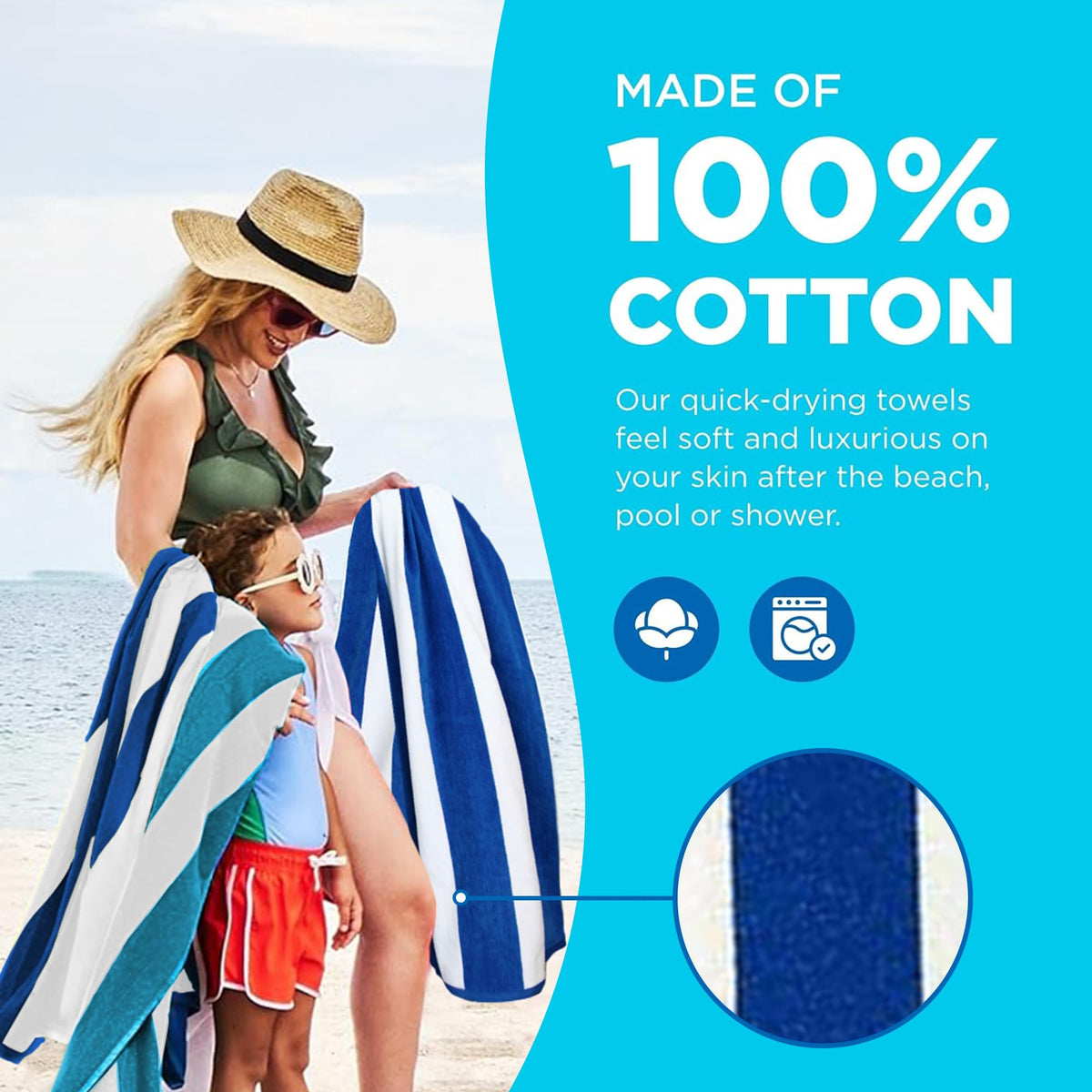 Kaufman - Large Beach Towel | 30" x 60" Terry Cabana Striped Beach Towels | Absorbent, Quick-Drying | 100% Cotton Thick Beach Towels (Blue/Turquoise, 2-Pack)