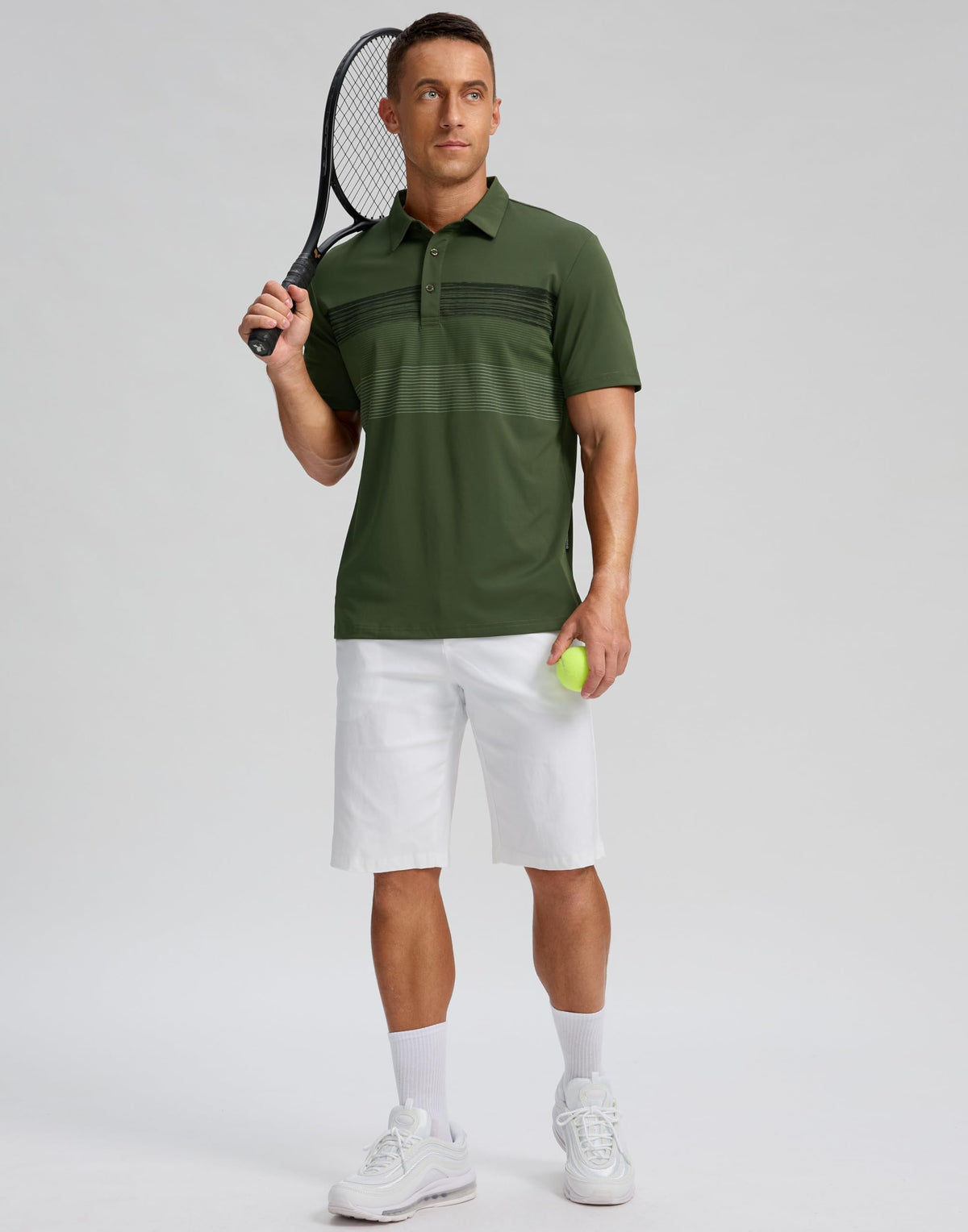 Men's Golf Shirts Dry Fit Moisture Wicking Performance Short Sleeve Collared Polo Shirts for Casual Tennis Bussiness (Dark Green Stripe, L)