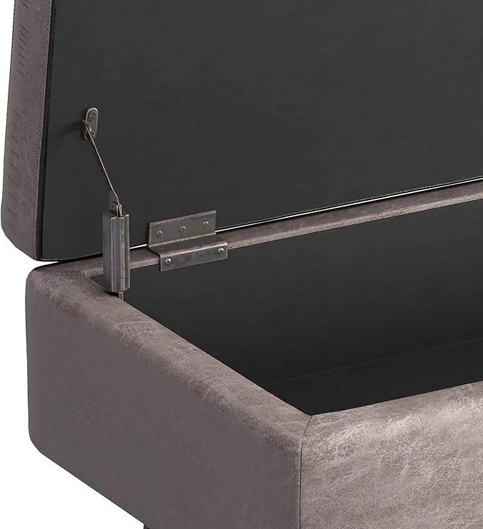 SIMPLIHOME Owen Rectangular Storage Ottoman - 48 inch Wide Upholstered Vegan Leather Lift-Top Ottoman in Distressed Grey Taupe, Mid-Century Modern Ottoman for Living Room with Tufted Detail