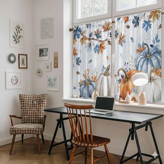 Fall Blue Maple Kitchen Curtains 54 Inch Long 2 Panel Set, Rod Pocket Window