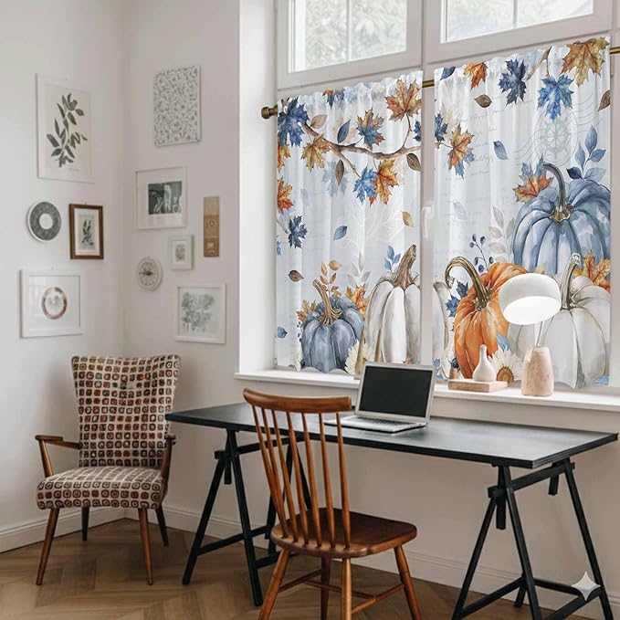 Fall Blue Maple Kitchen Curtains 45 Inch Long 2 Panel Set, Rod Pocket Window