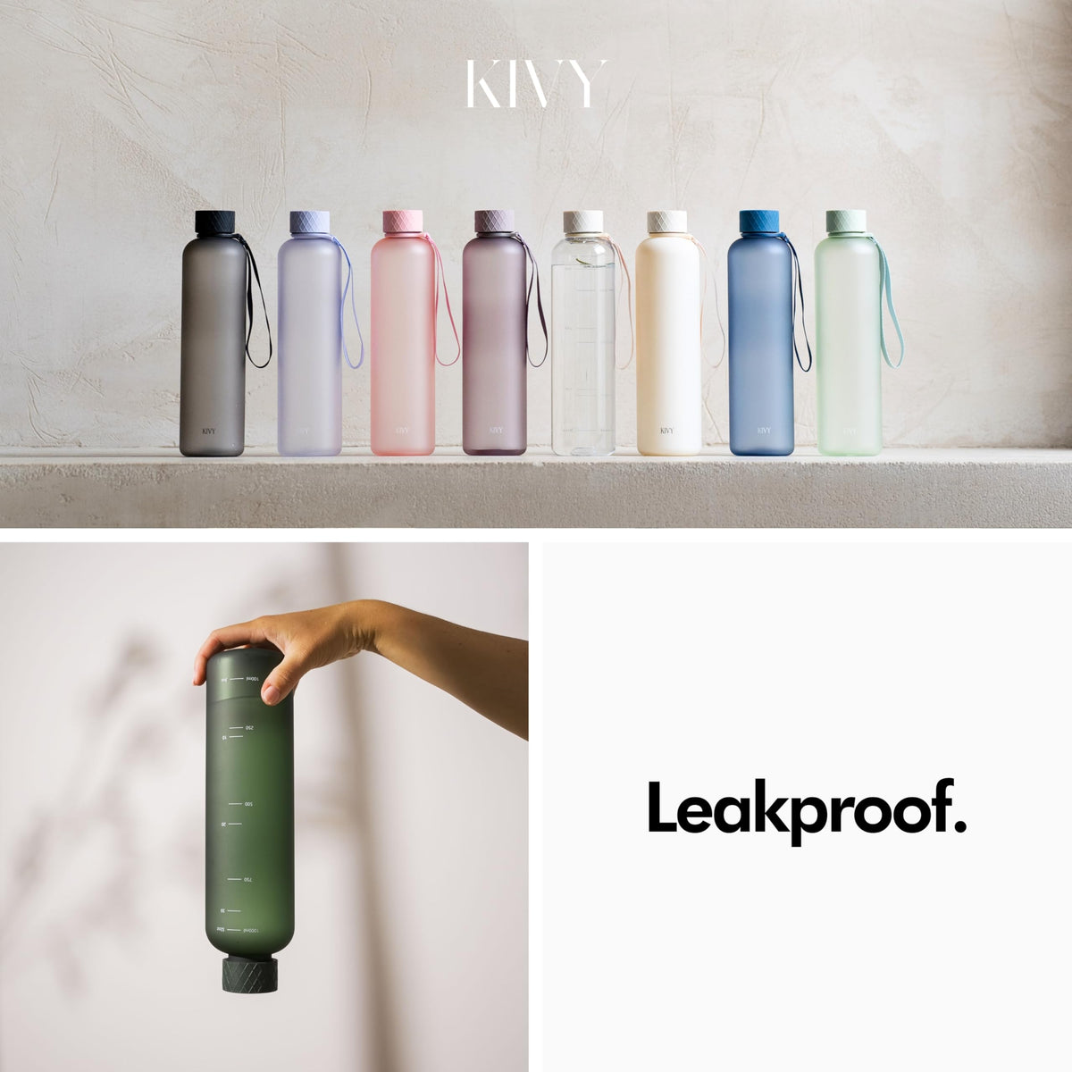 KIVY Slim Water Bottle 32oz [Lightweight & Shatterproof Tritan] Fits Backpack & Cupholder for Travel, Sports, School, Gym - Clear water bottle with measurements - Transparent Beige - Dishwasher Safe
