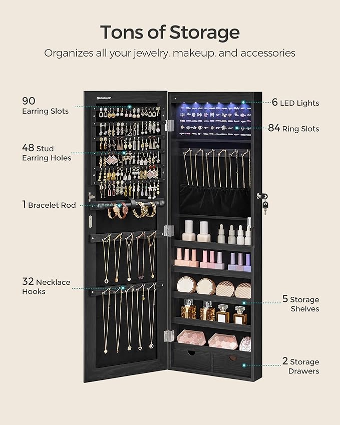 SONGMICS Hanging Jewelry Cabinet, Wall-Mounted Cabinet with LED Interior Lights, Door-Mounted Jewelry Organizer, Full-Length Mirror, Gift Idea, Ink Black UJJC099B01