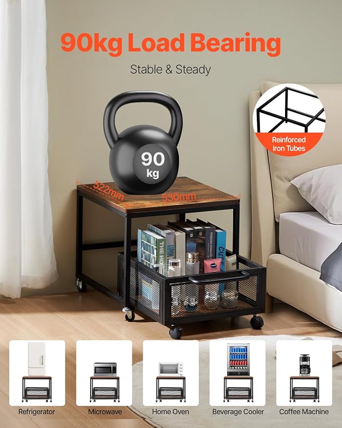 VEVOR Mini Fridge Stand with Storage, 198 lbs Mini Fridge Table with Movable Storage Cart & Swivel Wheels, Beverage Refrigerator Stand for Coffee Bar, Mini Fridge Organizer for Home Dorm, Light Brown