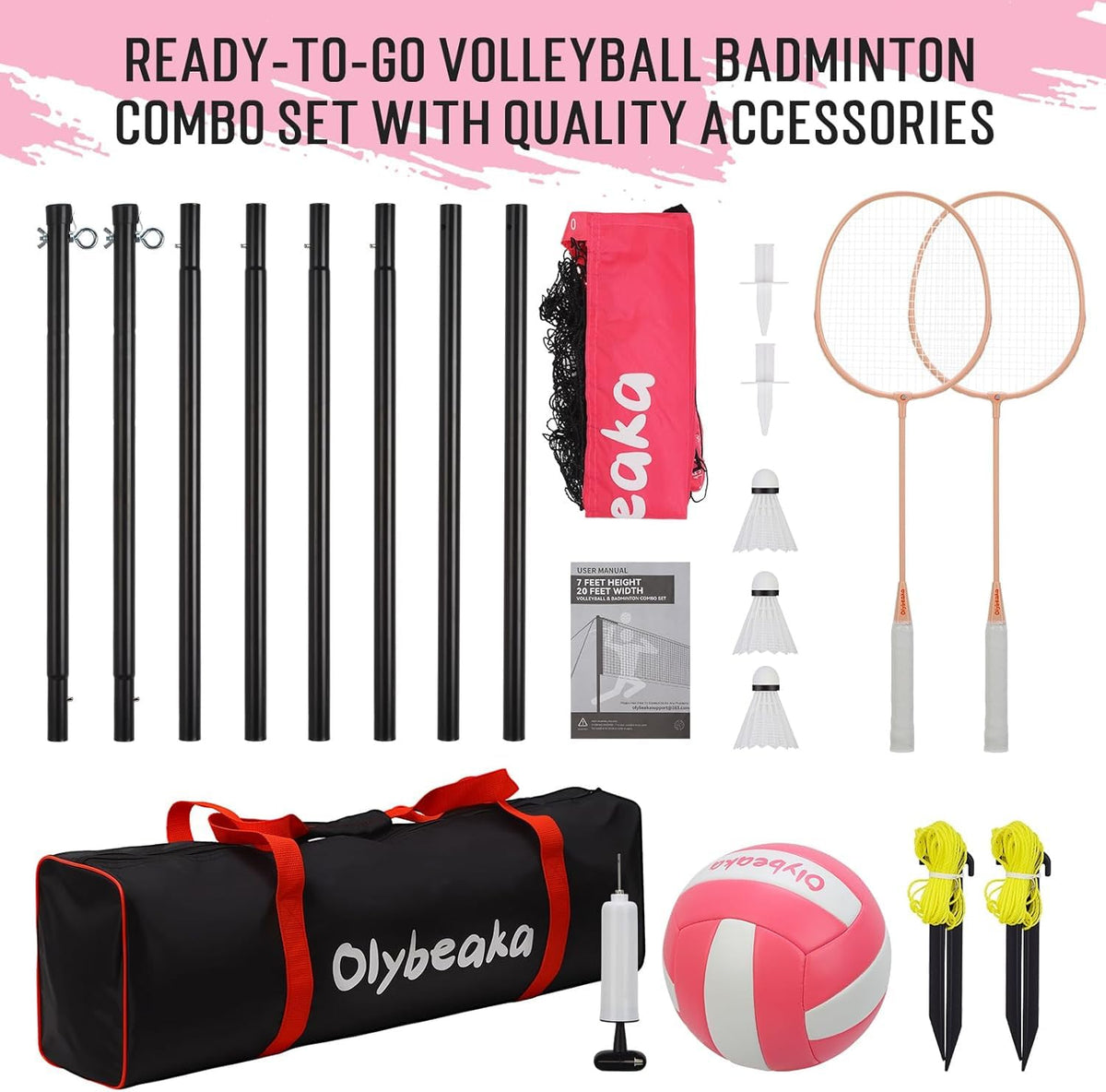 20ft Outdoor Volleyball & Badminton Combo Net Set for Backyard Beach with Adjustable Poles, Durable Anti-Sag Net, PU Volleyball, 2 Aluminum Rackets