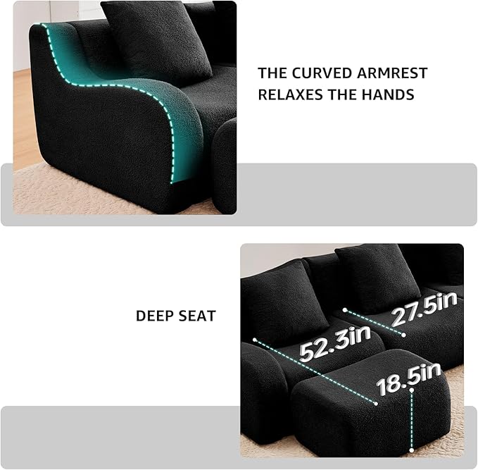 Black U-Shaped Cloud Couch with 2 Ottomans, Modern Teddy Fabric Boneless Sectional Sofa in a Box for Living Room, Modular Floor Couch, Deep Seat, No Assembly Required, Sofas para Sala