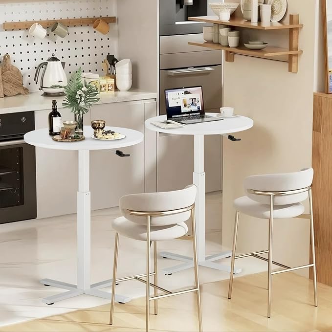 Round Bar Table, Adjustable Height and Rolling Small Dining Table, Dual-Use Cocktail Table with Removable Casters for Bar, Bistro, Café(White), Set of 1
