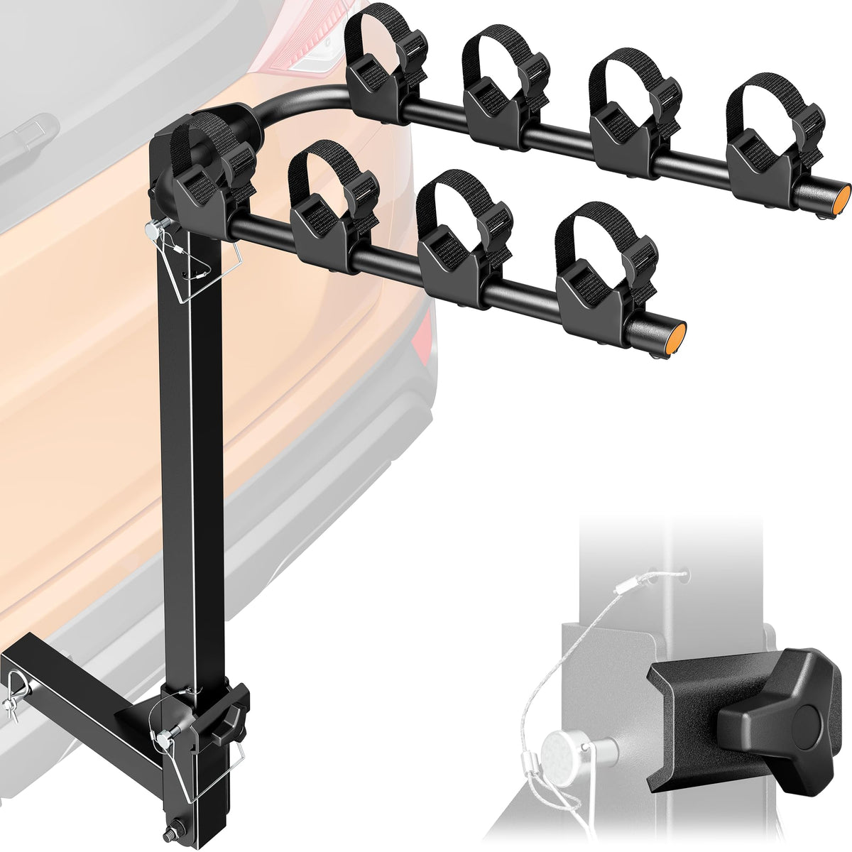 monTEK 4-Bike Rack for Cars, Trucks, SUVs with 2” Hitch, Foldable & Tiltable Bike Rack Hitch,3mm Thick Heavy-Duty Steel Frame, Hitch Bike Rack with Anti-Rattle Stability and Straps, 150 Pound Capacity