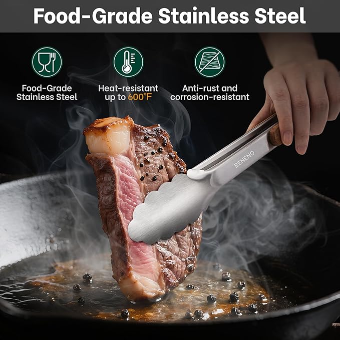 Beneno 12-Inch Heavy Duty Stainless Steel Kitchen Tongs for Cooking