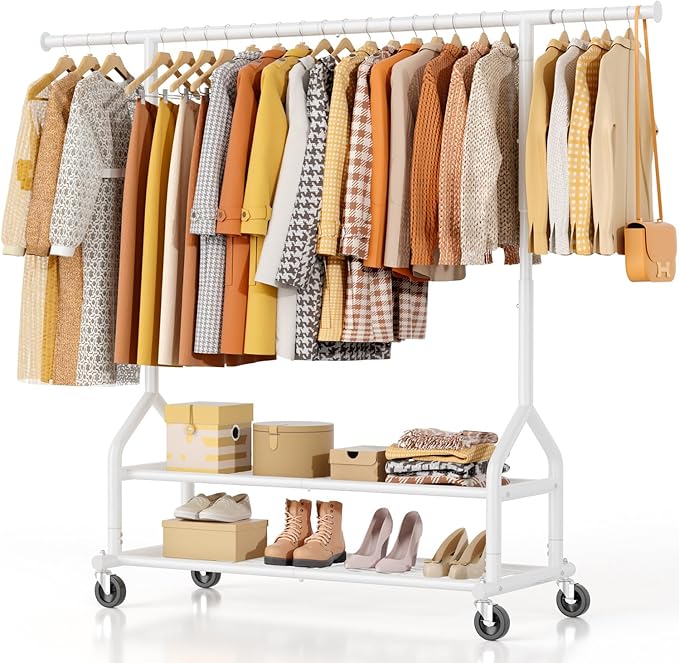 EAGMAK Heavy Duty Clothes Rack Load 556 LBS, Rolling Clothing Rack With Shelves, Height Adjustable Metal Clothes Hanger with Wheels Portable Wardrobe Organizer Garment Rod for Hanging Clothes (White)