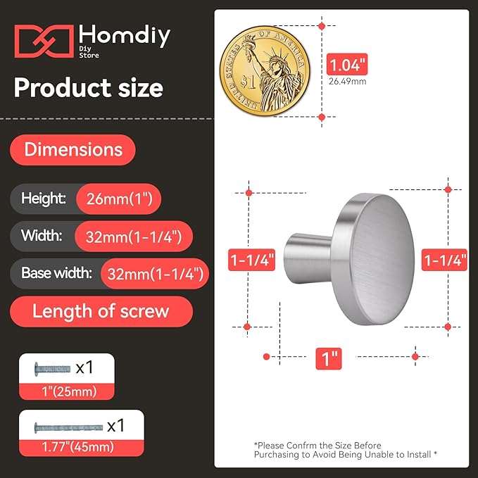 homdiy 5 Pack Brushed Nickel Cabinet Knobs Round Kitchen Handles Zinc Alloy Metal Hardware for Dresser Drawer Desk Cupboard