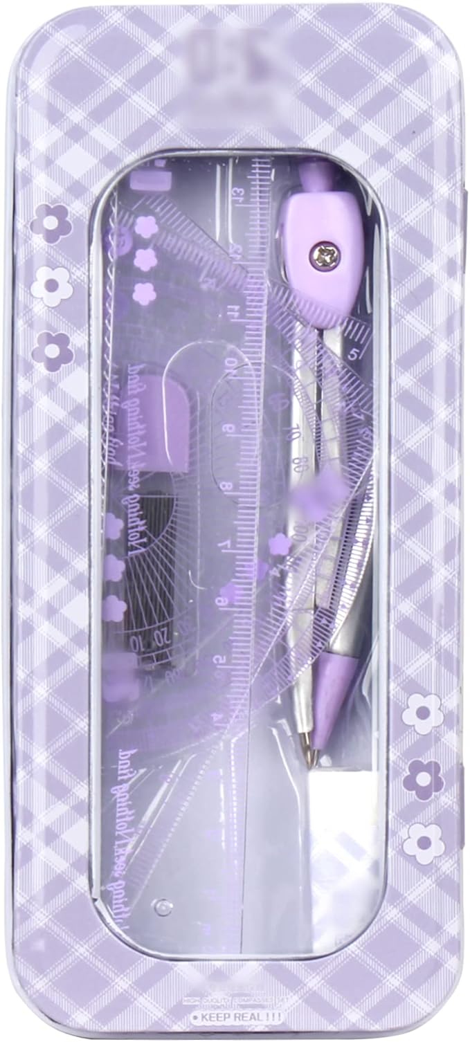 LABANCA 8 Pcs Compass Set with Protractor Rulers Pencil for Math Geometry (07434 Purple)