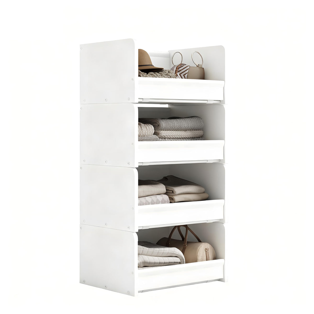 FOUCSSOMEI Closet Organizers and Storage, Stackable Closet Organizer, Wooden Frame with Polyester Fabric Shelves, Large Capacity Closet Shelf Organizer for Folded Clothes, White,Patent Design