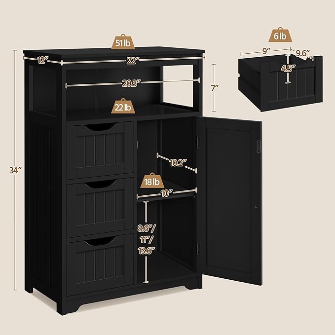 Yaheetech Bathroom Floor Cabinet, Free Standing Wooden Storage Cabinet Multiple Tiers Storage Organizer for Bathroom/Living Room/Entryway, Black