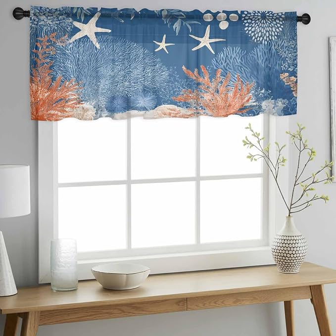 Ocean Corals Sheer Valance Curtains, Summer Beach Coral Sea Stars Dark Blue