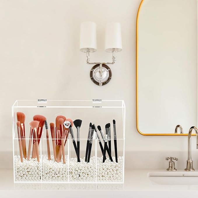 Acrylic Makeup Organizer, Clear Cosmetic Brush Storage Box With 4 Brush Holders,Makeup Brush Holder with Dust Cover, Large-capacity Split Design Can Quickly Organize the Desktop（No pearls）